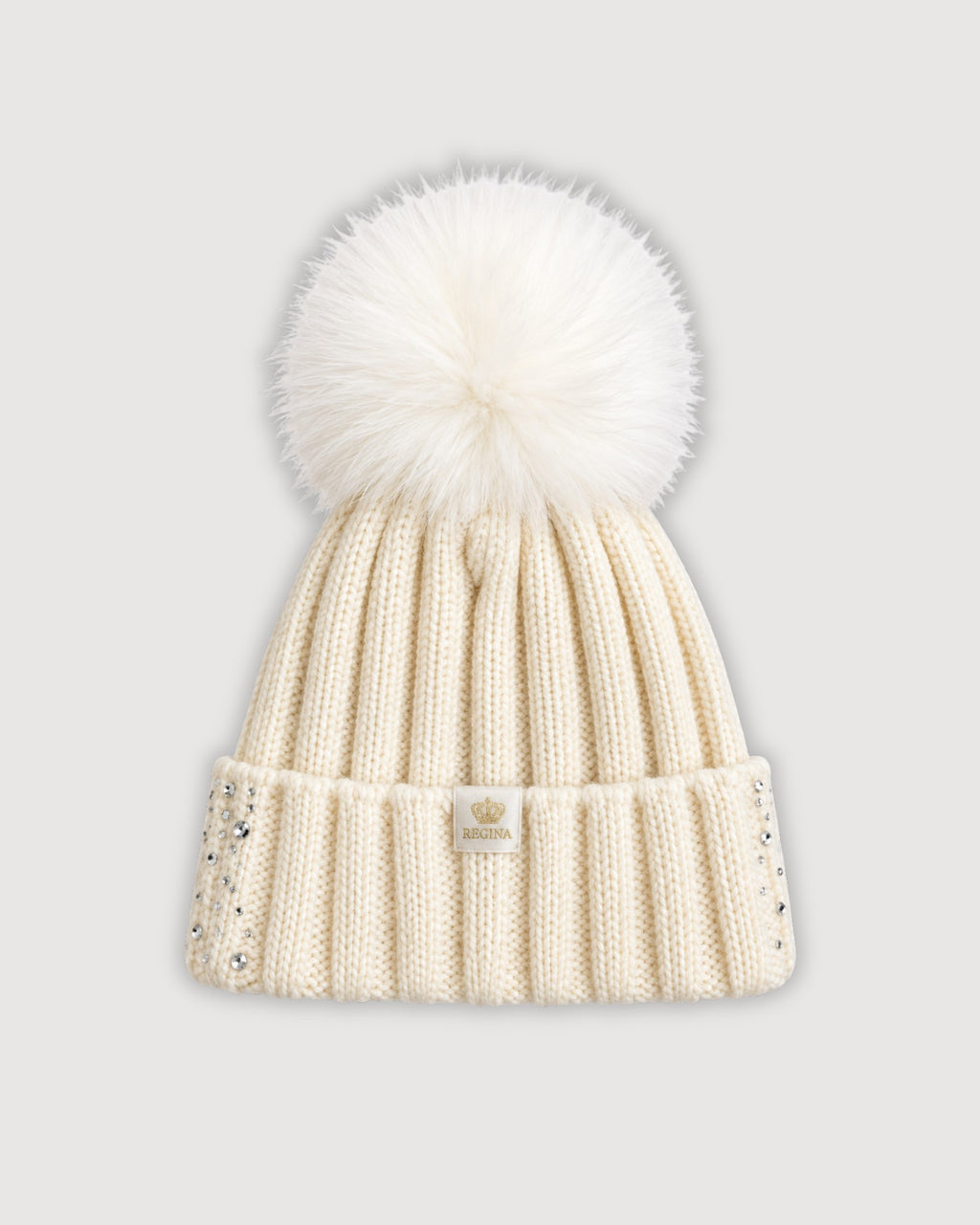 REGINA | berretto in lana con Swarovski e pom pom in pelliccia
